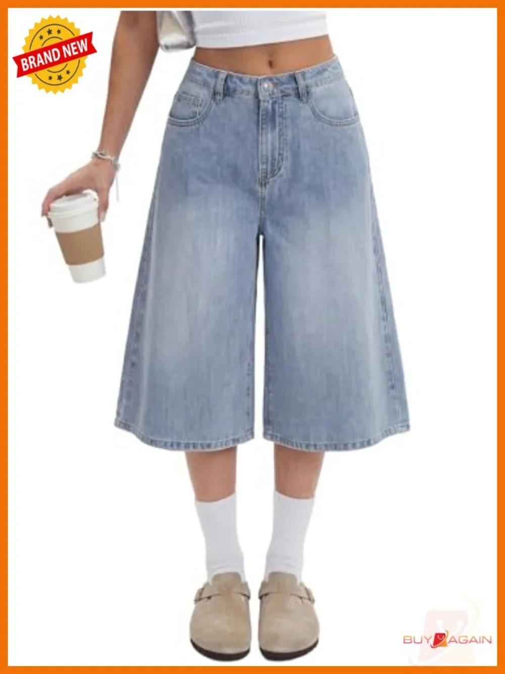 Women's Low Rise Wide Leg Baggy Denim Bermuda Shorts with Pockets